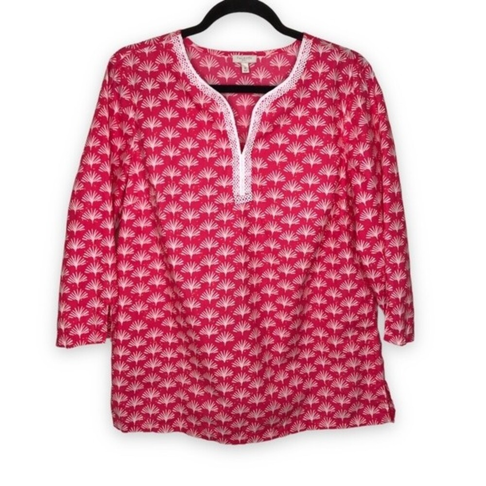 Talbots Pink Tropical Palm Leaves Popover 3/4 Sleeve Tunic Womens Size Medium